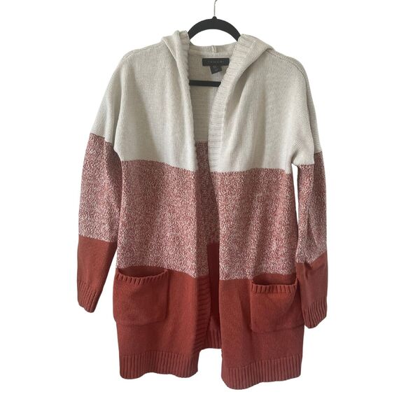 Tahari cream & Orange Colorblock Striped Ombre Hooded Cardigan, Size M - Picture 1 of 4
